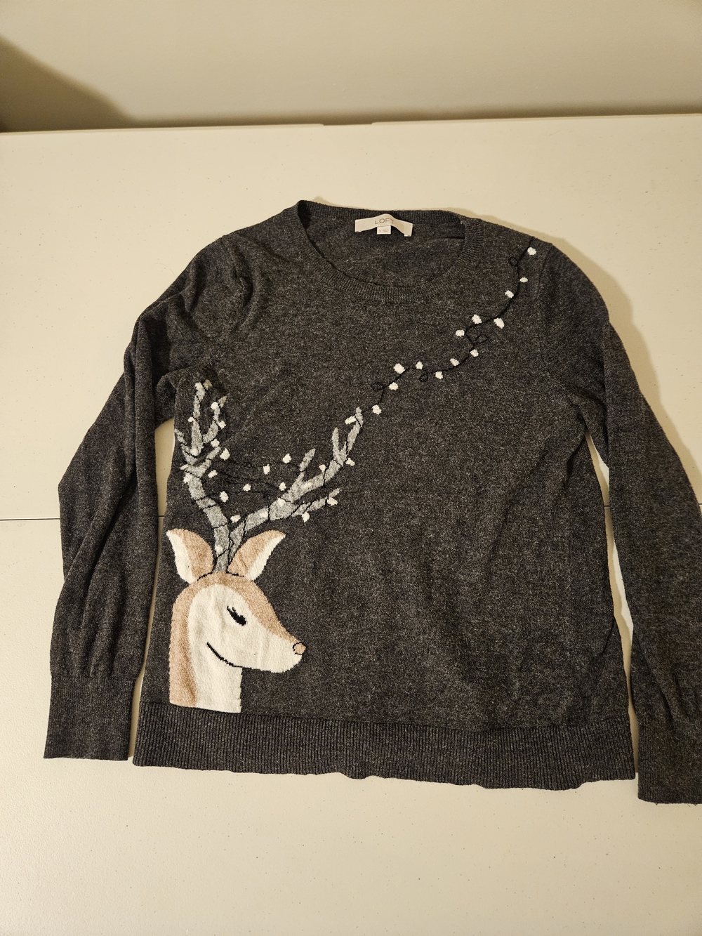 LOFT Charcoal Gray Crewneck Sweater with Deer Intarsia